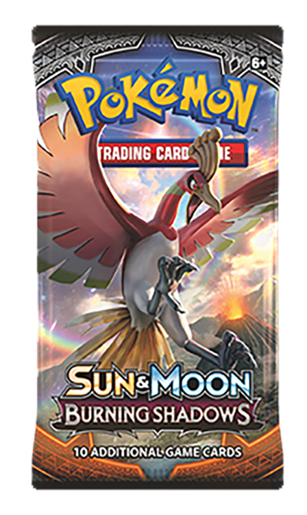 POKEMON TCG Sun & Moon Burning Shadows Booster Pack  Pokémon TCG Sun & Moon—Burning Shadows expansion! Slug it out with new titans like Necrozma-GX and Tapu Fini-GX, or battle with trusty allies from Machamp-GX and Charizard-GX to Darkrai-GX and Ho-Oh-GX. A dozen new Pokémon-GX are ready for action in this expansion.