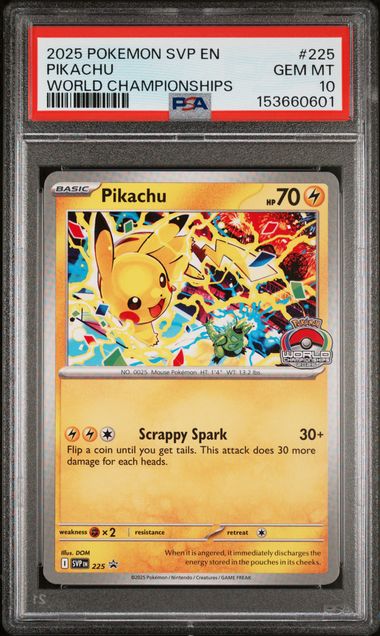 PSA 10 2025 POKEMON SVP EN-SV BLACK STAR PROMO #225 PIKACHU WORLD CHAMPIONSHIPS