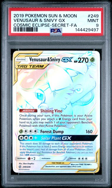 PSA 9 2019 POKEMON SUN &amp; MOON COSMIC ECLIPSE #249 VENUSAUR &amp; SNIVY GX COSMIC ECLIPSE-SECRET-FA